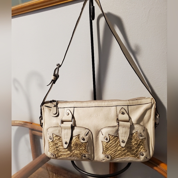 Barbara Milano Cream Snakeskin Print Trim Satchel Shoulder - Picture 7 of 12